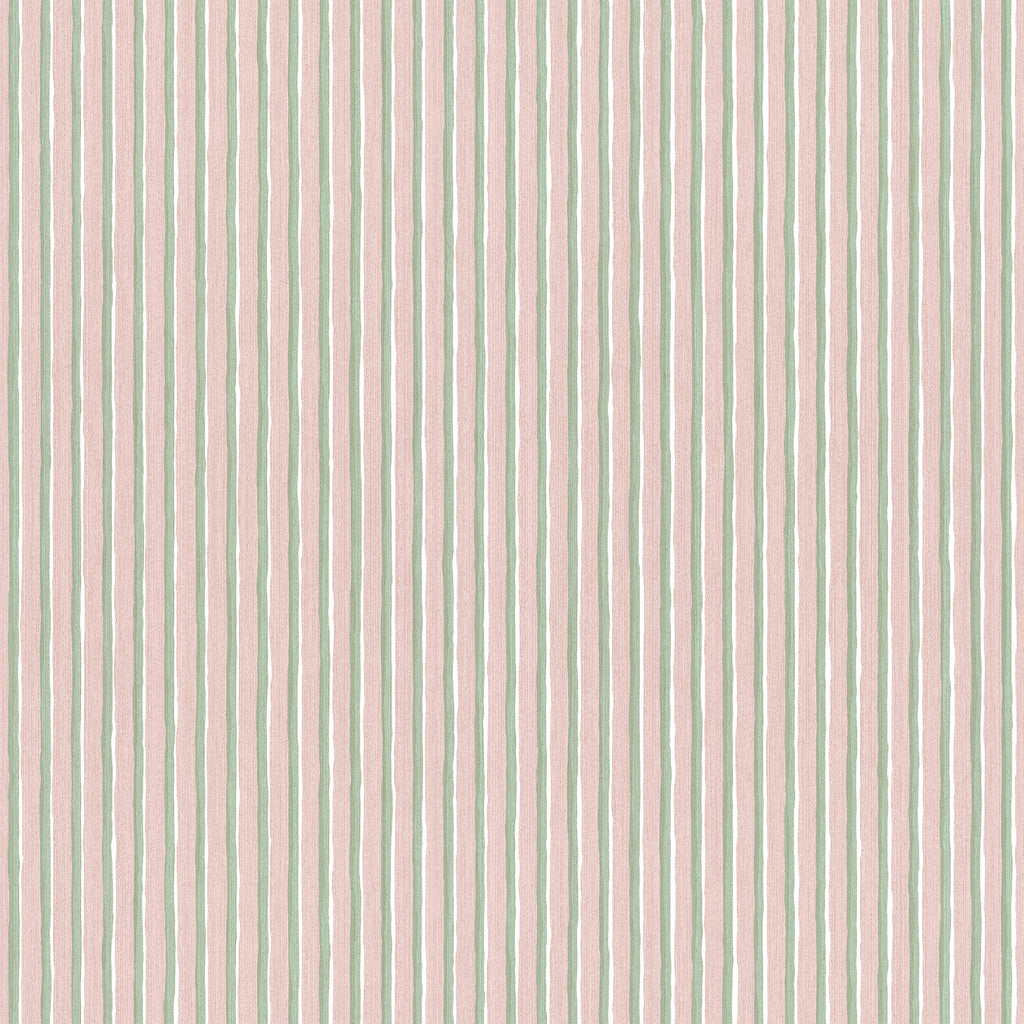 Brita Stripe wallpaper by Sandberg, flat swatch of soft pink and green hand-painted vertical stripes on white