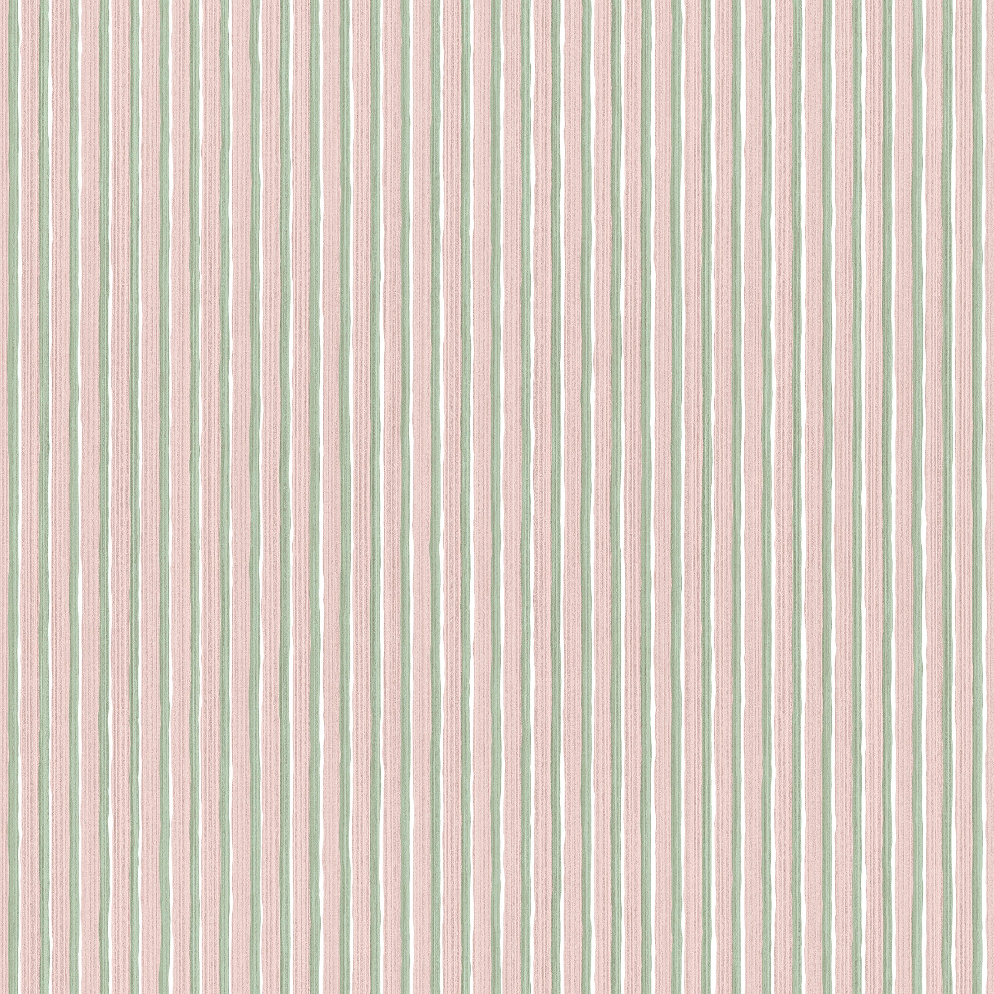 Brita Stripe wallpaper by Sandberg, flat swatch of soft pink and green hand-painted vertical stripes on white