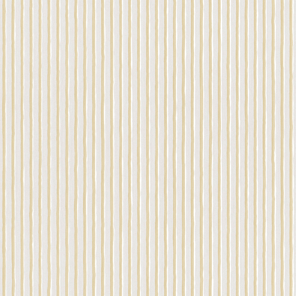 Brita Stripe wallpaper by Sandberg in sand-yellow, close-up swatch of soft hand-painted vertical stripes on white