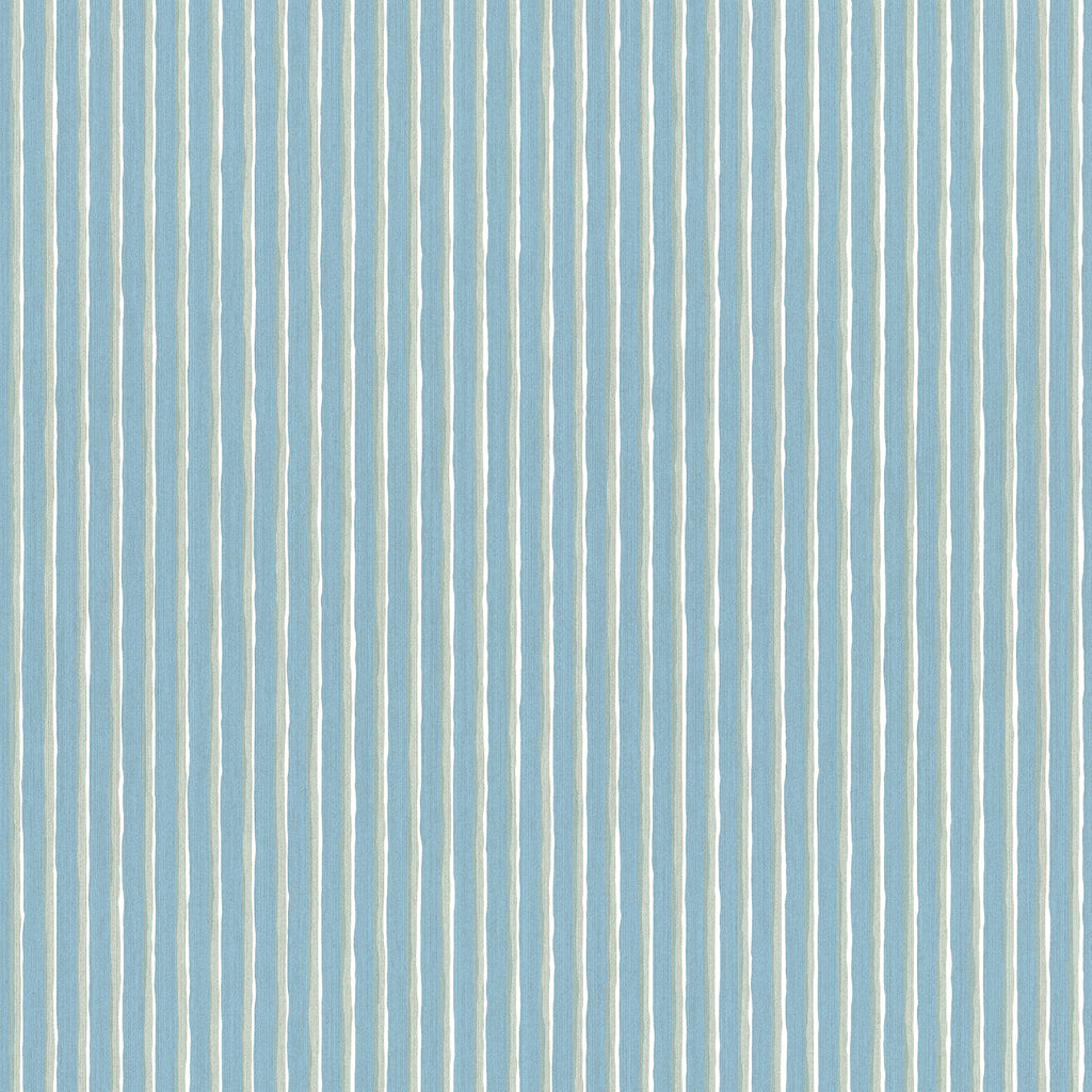 Brita Stripe wallpaper by Sandberg in soft blue, close-up swatch of hand-painted vertical stripes on white