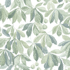 Kersti wallpaper by Sandberg, sage and grey-green chestnut leaves with conkers on a white ground, flat roll swatch