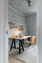 Kersti wallpaper by Sandberg in Soft Blue, styled on an interior wall