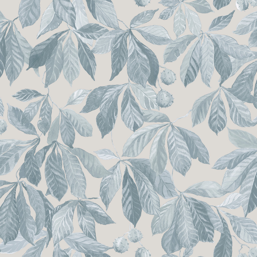 Kersti wallpaper by Sandberg, soft blue-grey chestnut leaves and conkers on a warm greige ground, flat roll swatch
