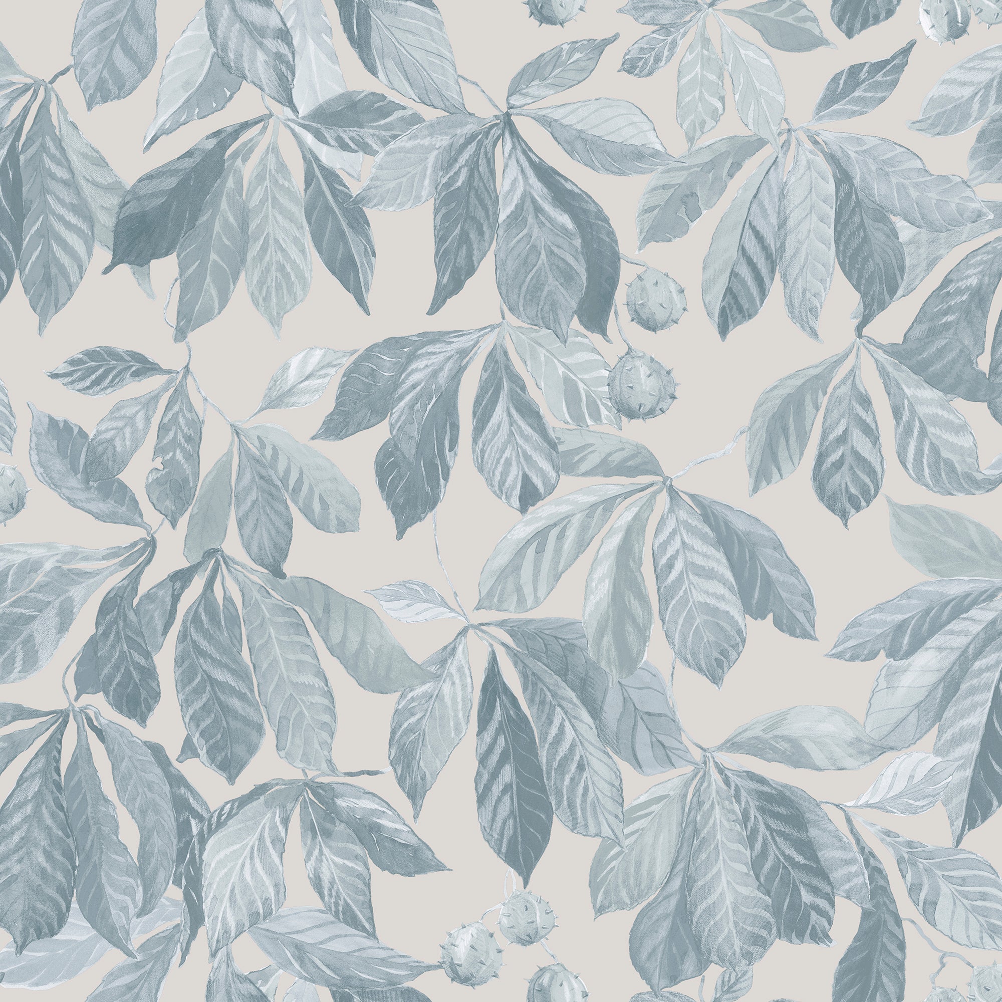 Kersti wallpaper by Sandberg, soft blue-grey chestnut leaves and conkers on a warm greige ground, flat roll swatch