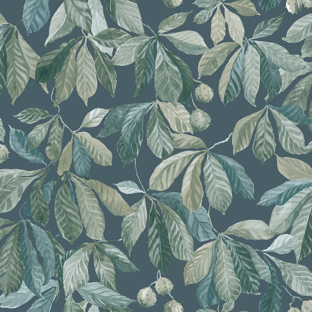 Kersti wallpaper by Sandberg, green and teal chestnut leaves with conkers on a deep blue ground, flat roll swatch