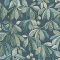 Kersti wallpaper by Sandberg, green and teal chestnut leaves with conkers on a deep blue ground, flat roll swatch