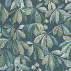 Kersti wallpaper by Sandberg, green and teal chestnut leaves with conkers on a deep blue ground, flat roll swatch