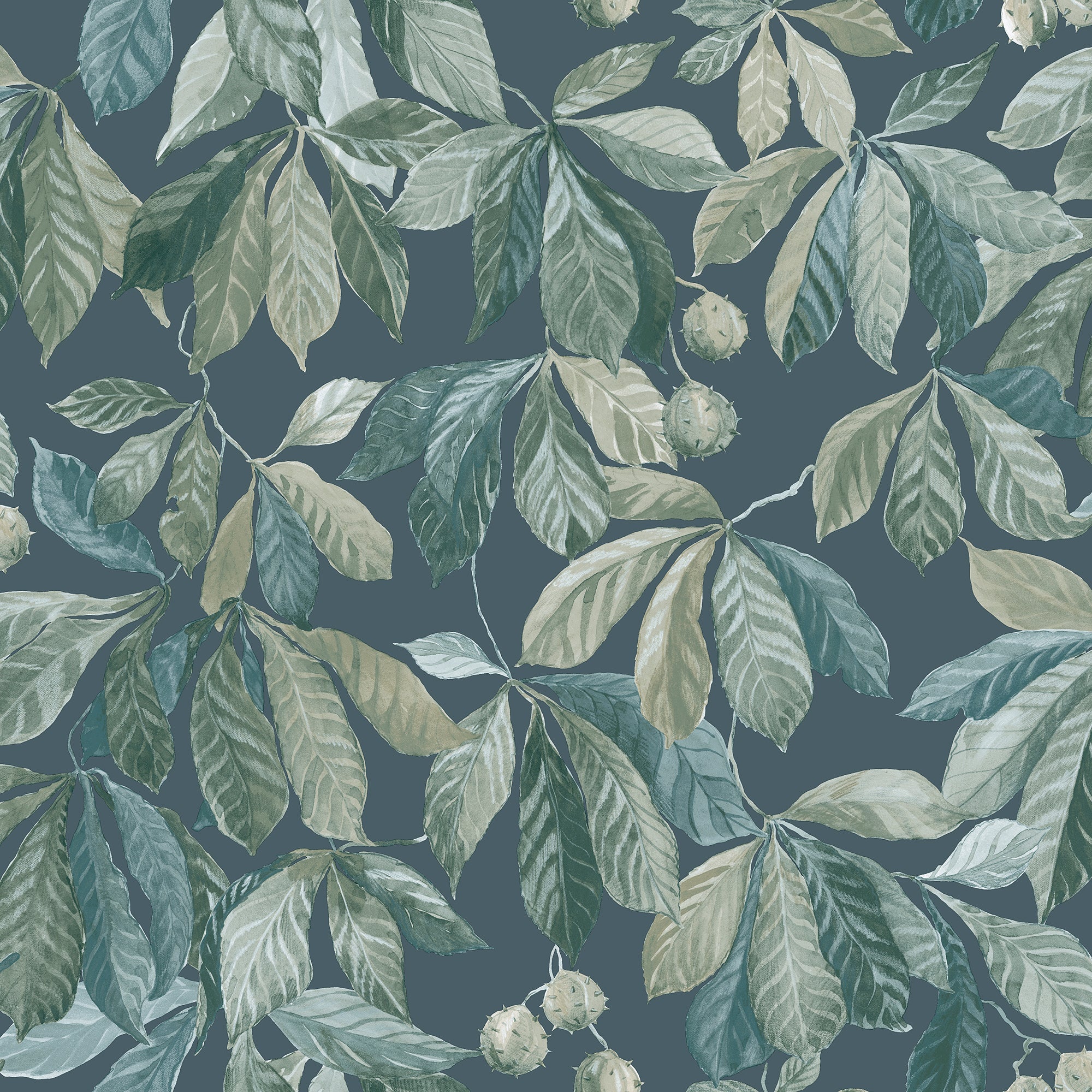 Kersti wallpaper by Sandberg, green and teal chestnut leaves with conkers on a deep blue ground, flat roll swatch