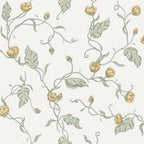 Elmire wallpaper by Sandberg, flat swatch of trailing floral vines with yellow blooms and sage leaves on white