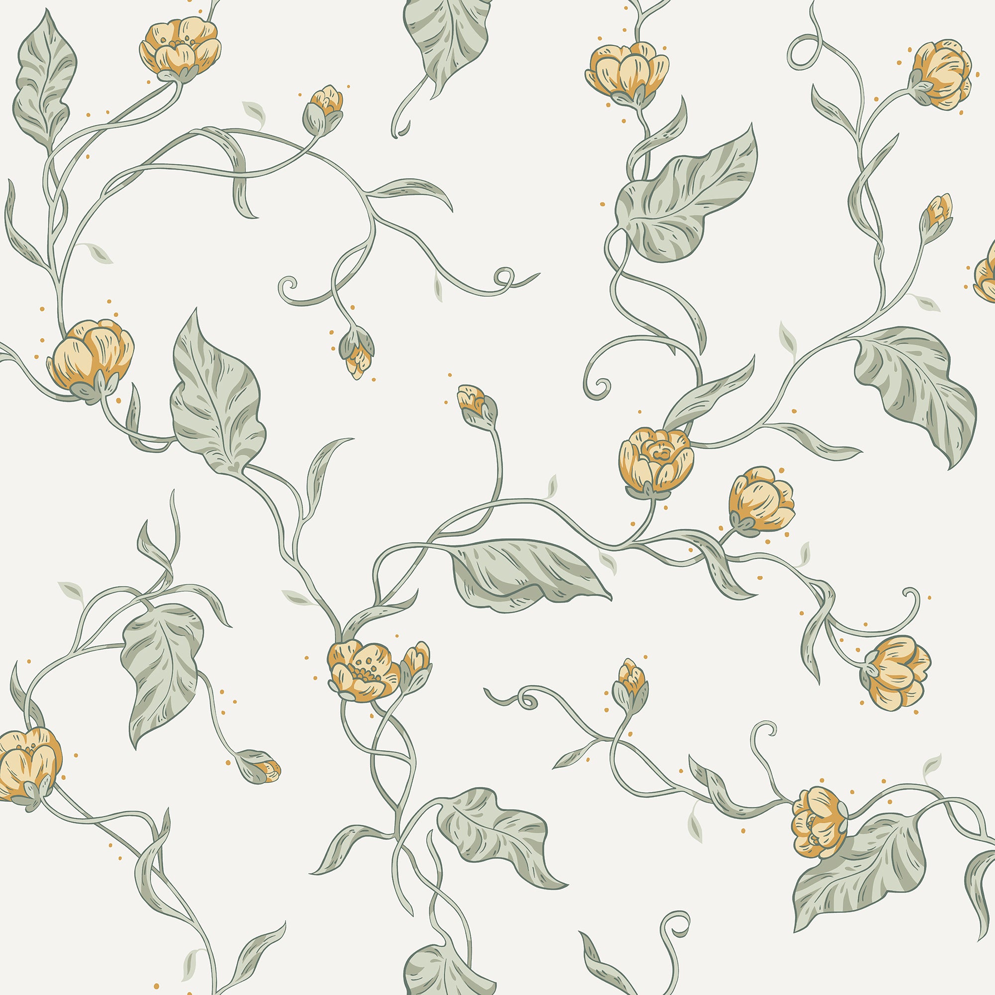 Elmire wallpaper by Sandberg, flat swatch of trailing floral vines with yellow blooms and sage leaves on white