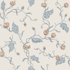 Elmire wallpaper by Sandberg, flat swatch of trailing floral vines with apricot blooms and blue leaves on cream