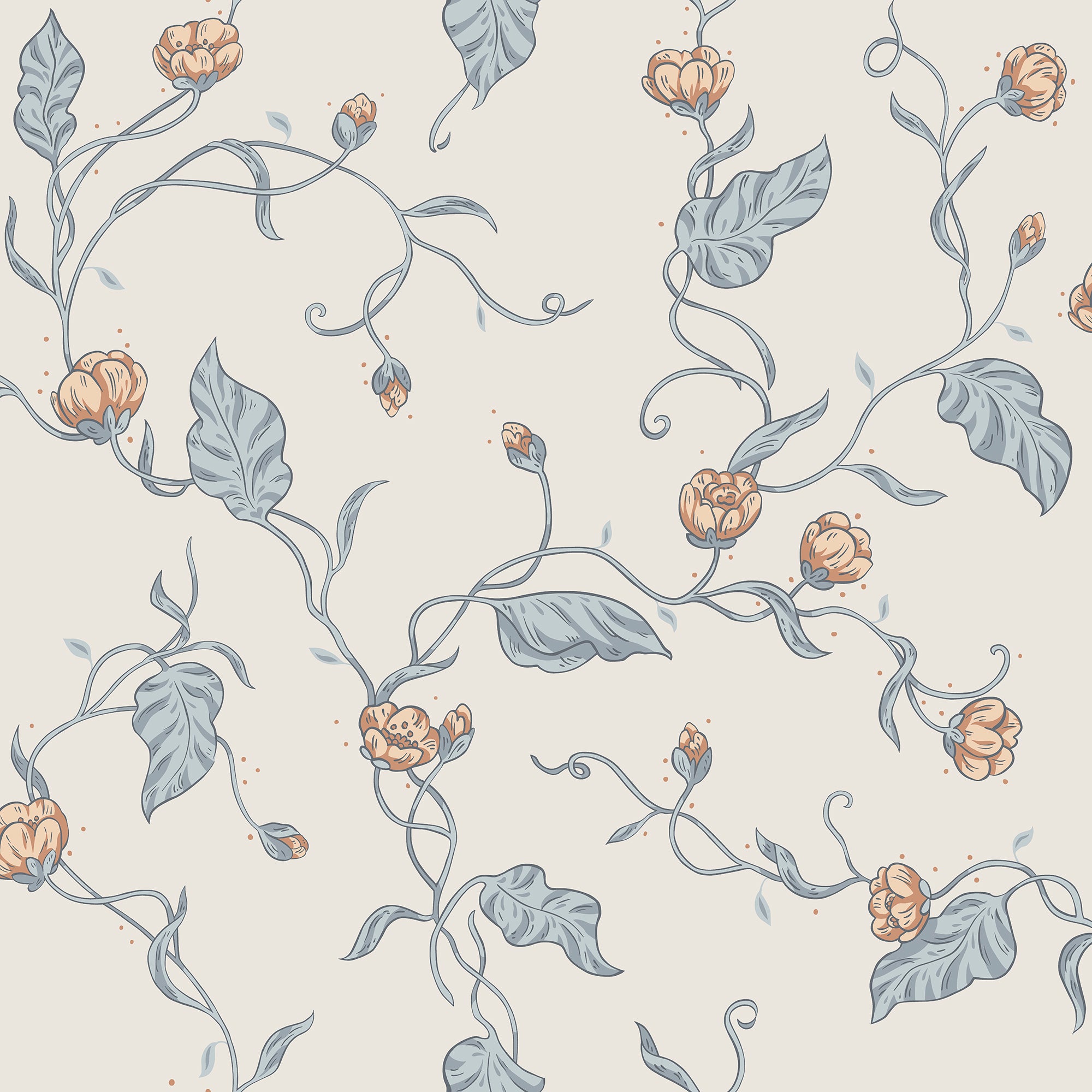 Elmire wallpaper by Sandberg, flat swatch of trailing floral vines with apricot blooms and blue leaves on cream
