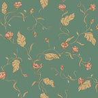 Elmire wallpaper by Sandberg, flat swatch of trailing floral vines with coral blooms and gold leaves on green