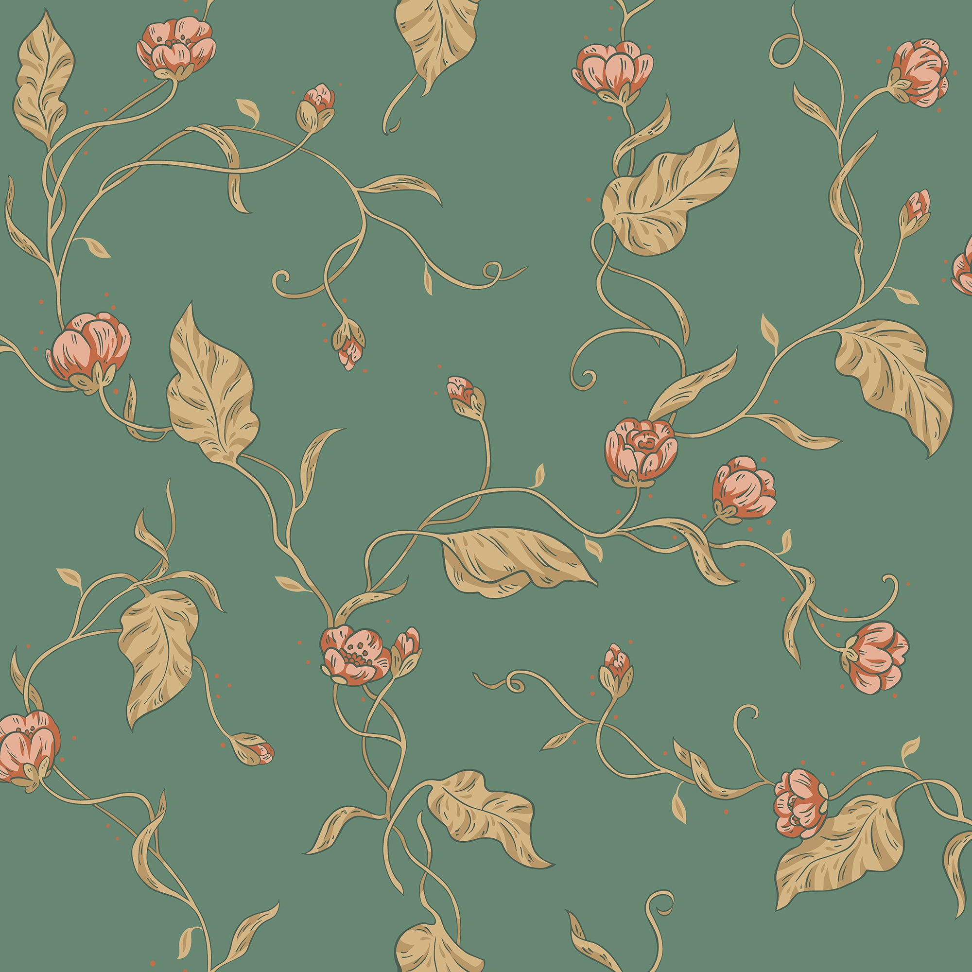 Elmire wallpaper by Sandberg, flat swatch of trailing floral vines with coral blooms and gold leaves on green