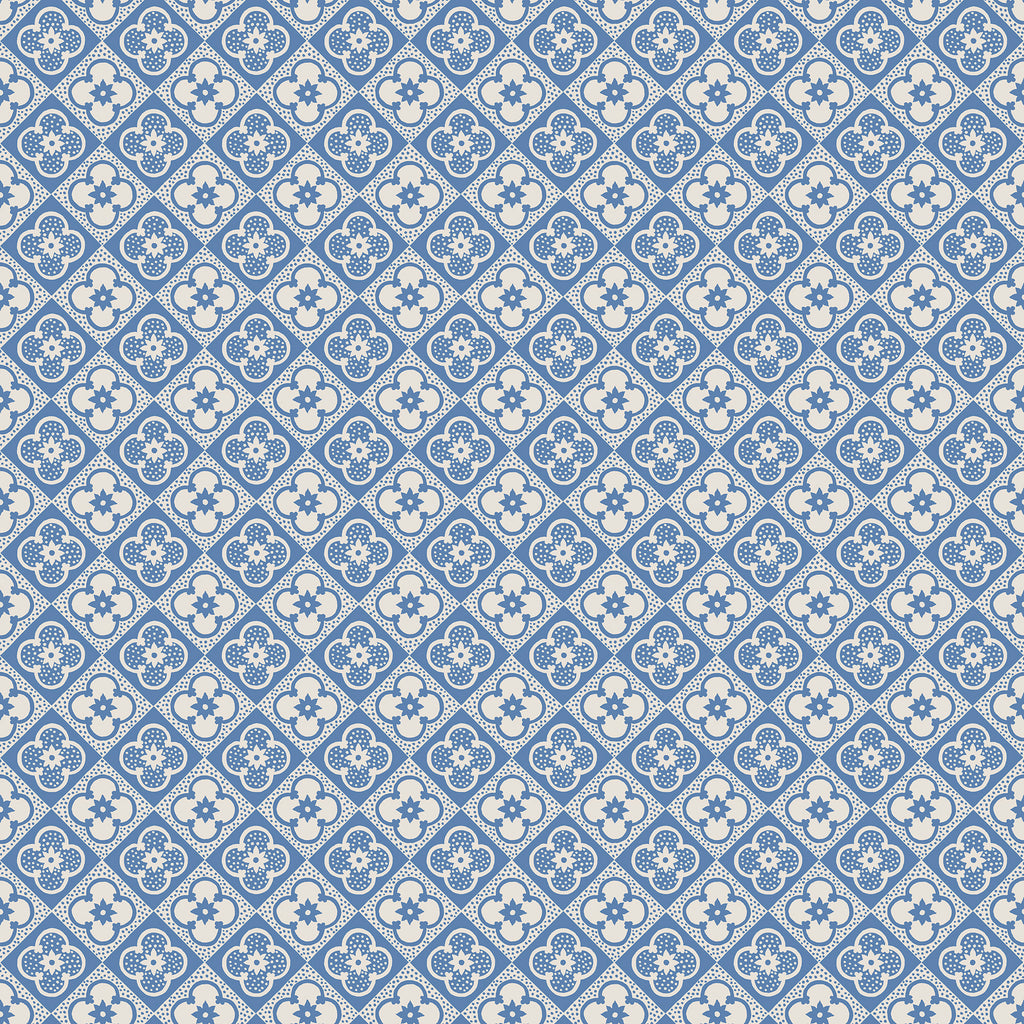 Lyckan wallpaper by Sandberg, blue quatrefoil tile motif on a soft blue ground, flat swatch