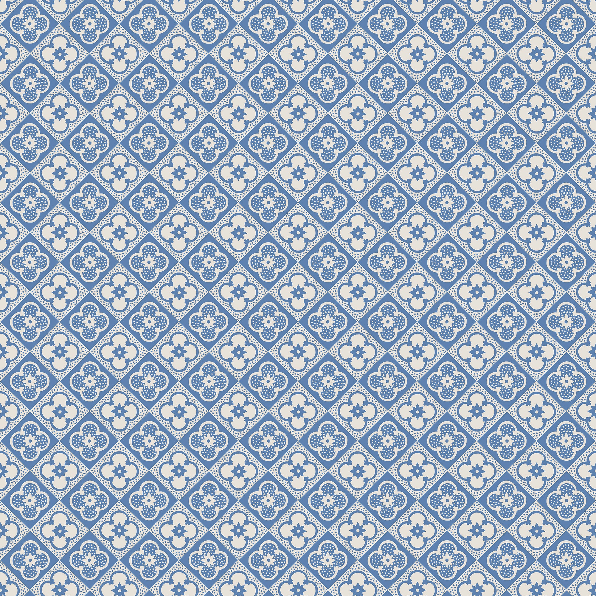 Lyckan wallpaper by Sandberg, blue quatrefoil tile motif on a soft blue ground, flat swatch