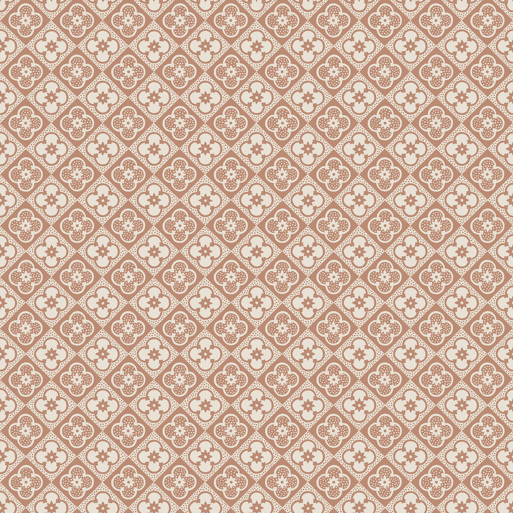 Lyckan wallpaper by Sandberg, small terracotta quatrefoil tile motif on cream, flat swatch