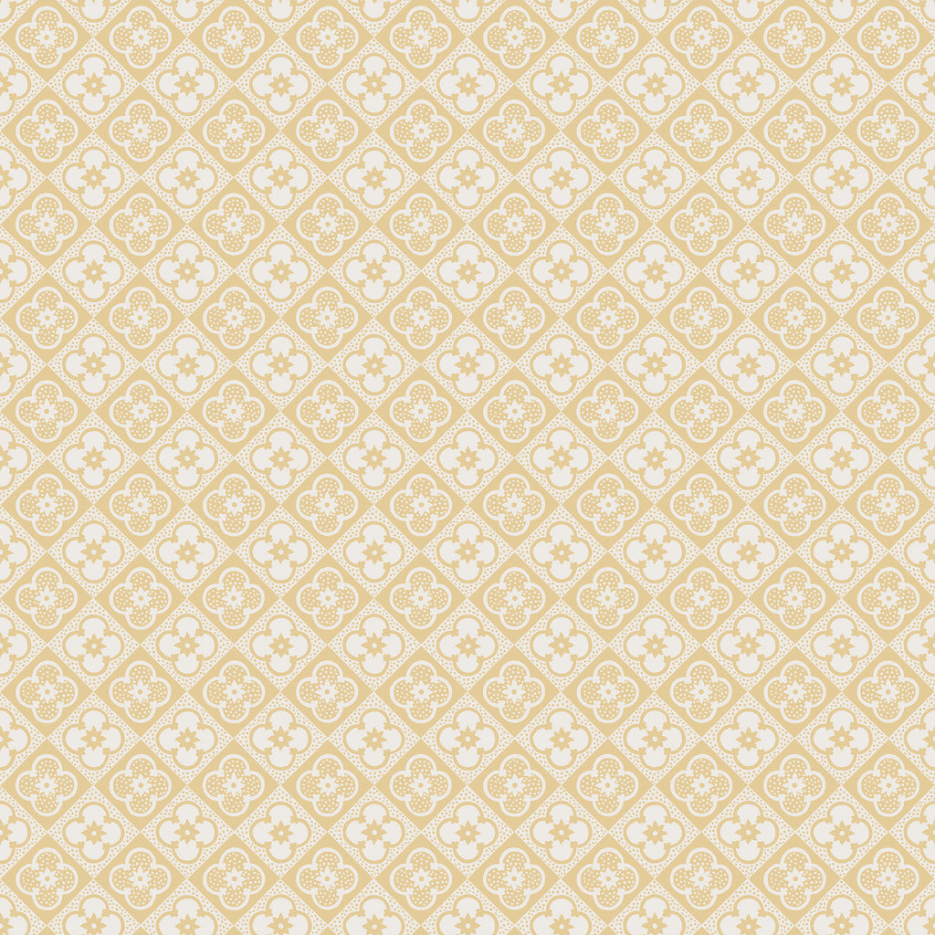 Lyckan wallpaper by Sandberg, soft yellow quatrefoil tile motif on cream, flat swatch