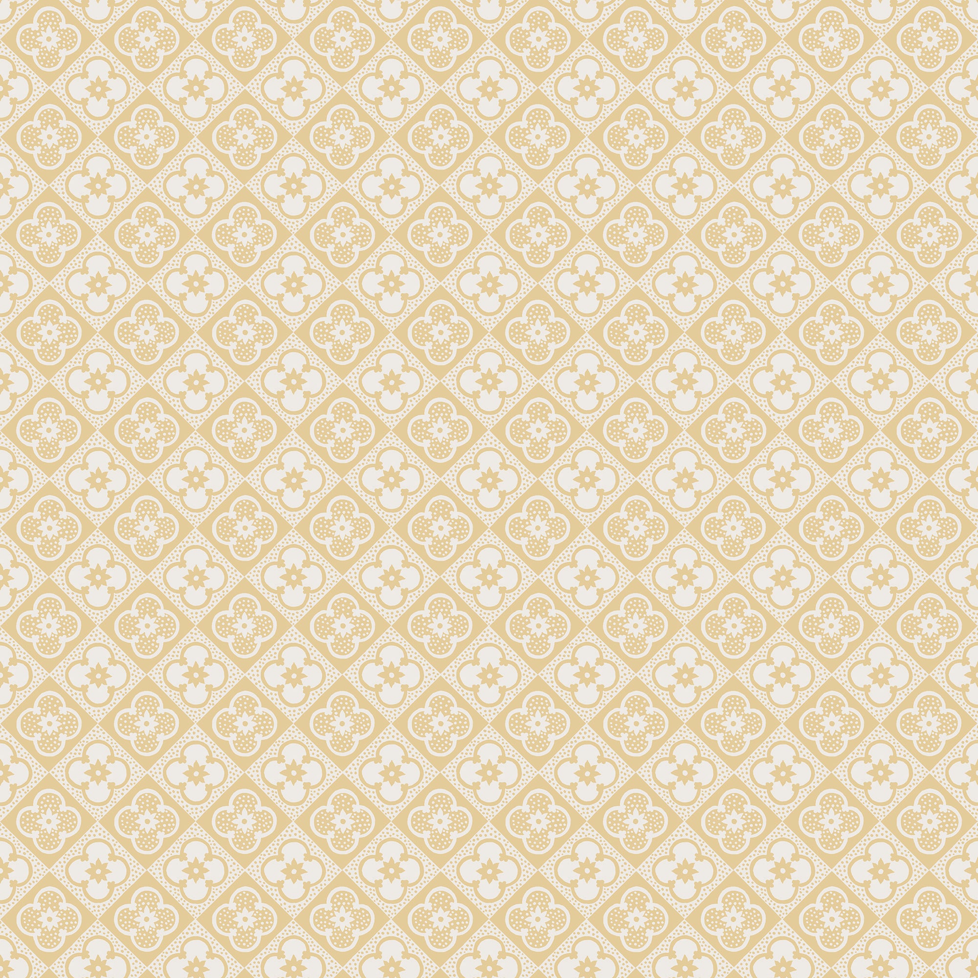 Lyckan wallpaper by Sandberg, soft yellow quatrefoil tile motif on cream, flat swatch