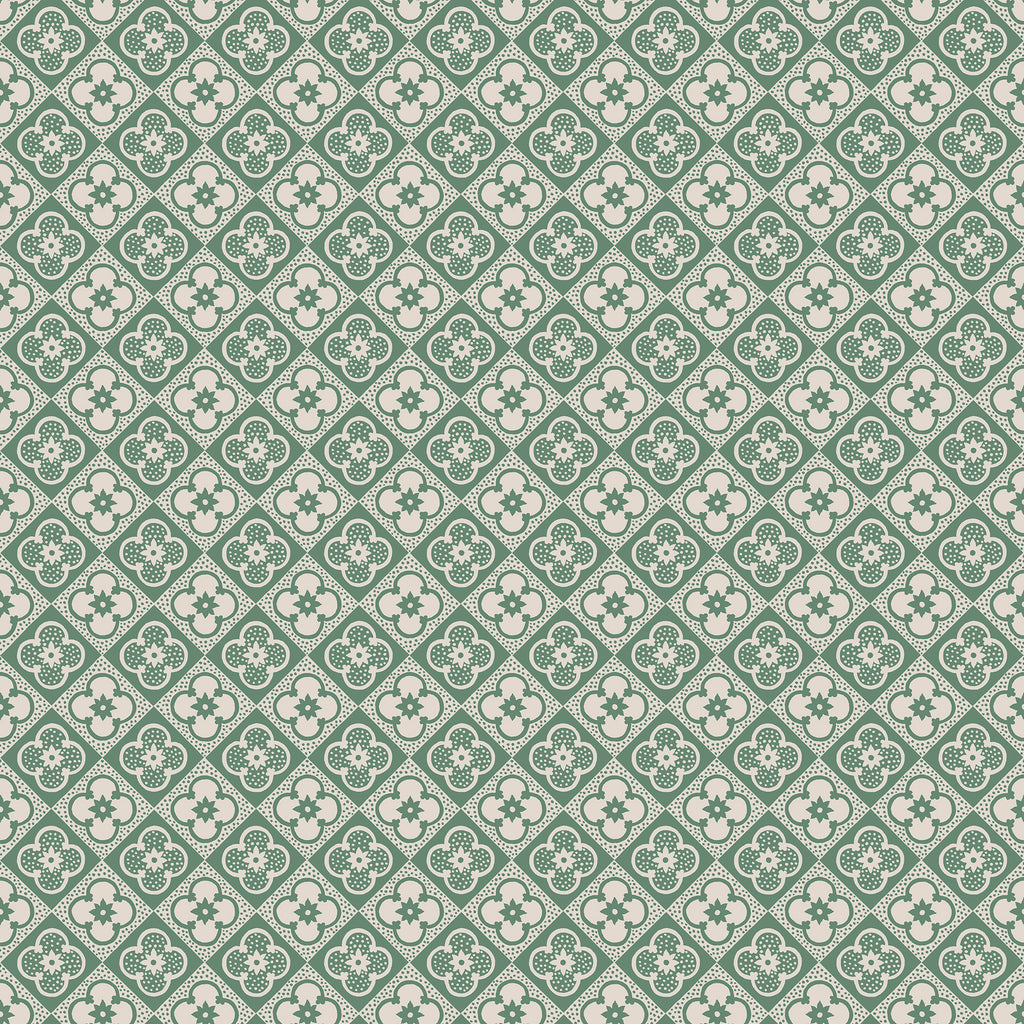 Lyckan wallpaper by Sandberg, small green quatrefoil tile motif on cream, flat swatch