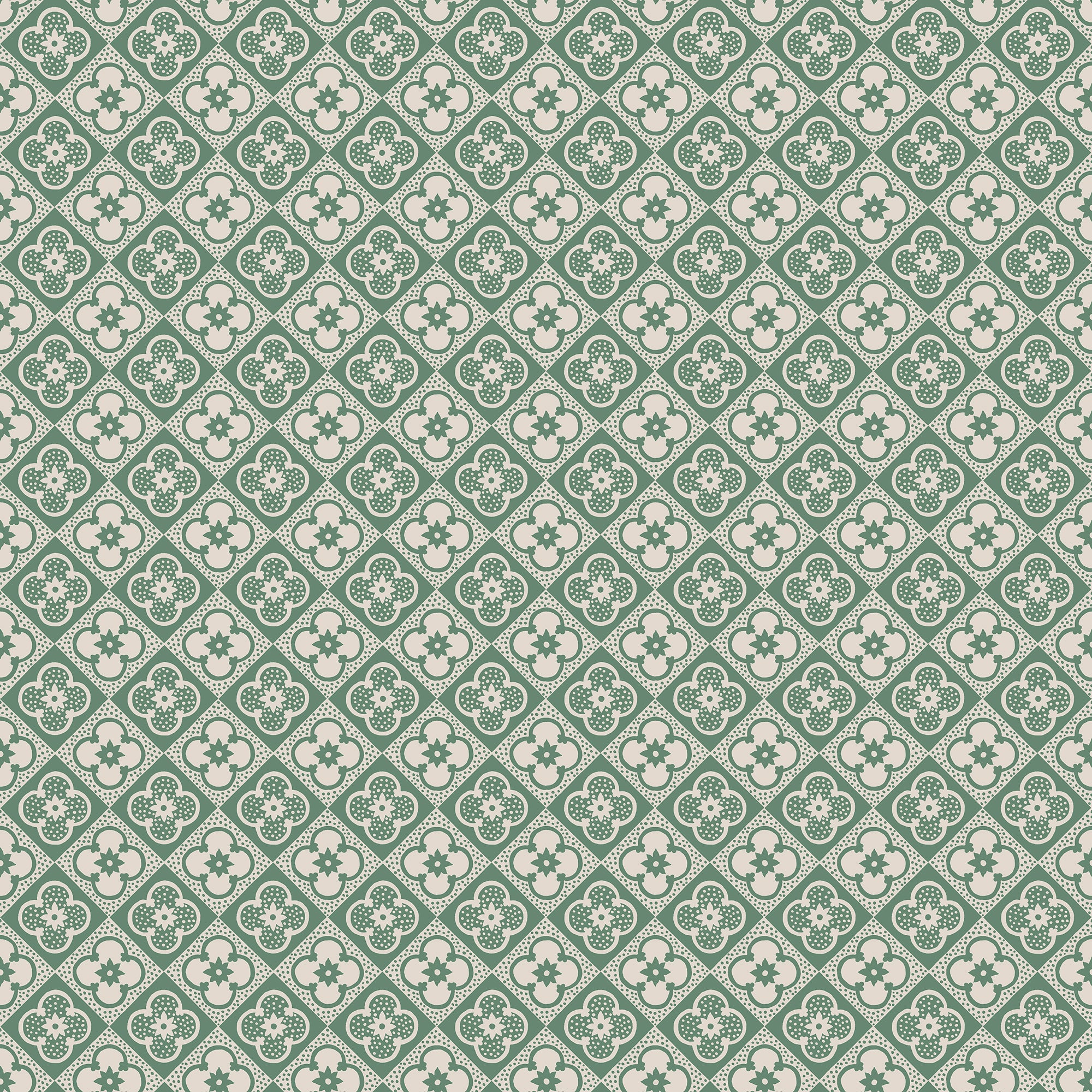 Lyckan wallpaper by Sandberg, small green quatrefoil tile motif on cream, flat swatch