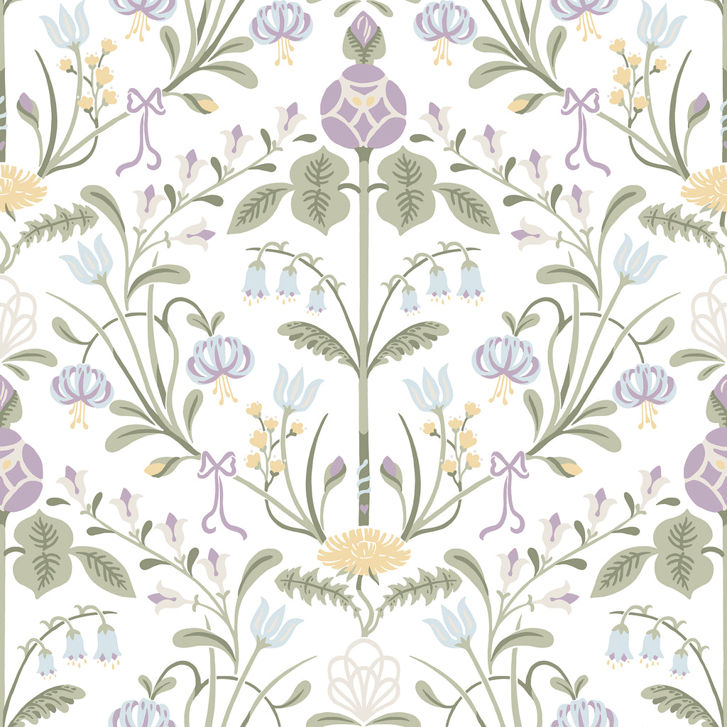 Till Carl wallpaper by Sandberg, lilac and sage folk floral on white, flat swatch colourway