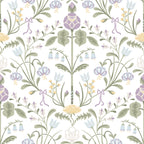 Till Carl wallpaper by Sandberg, lilac and sage folk floral on white, flat swatch colourway