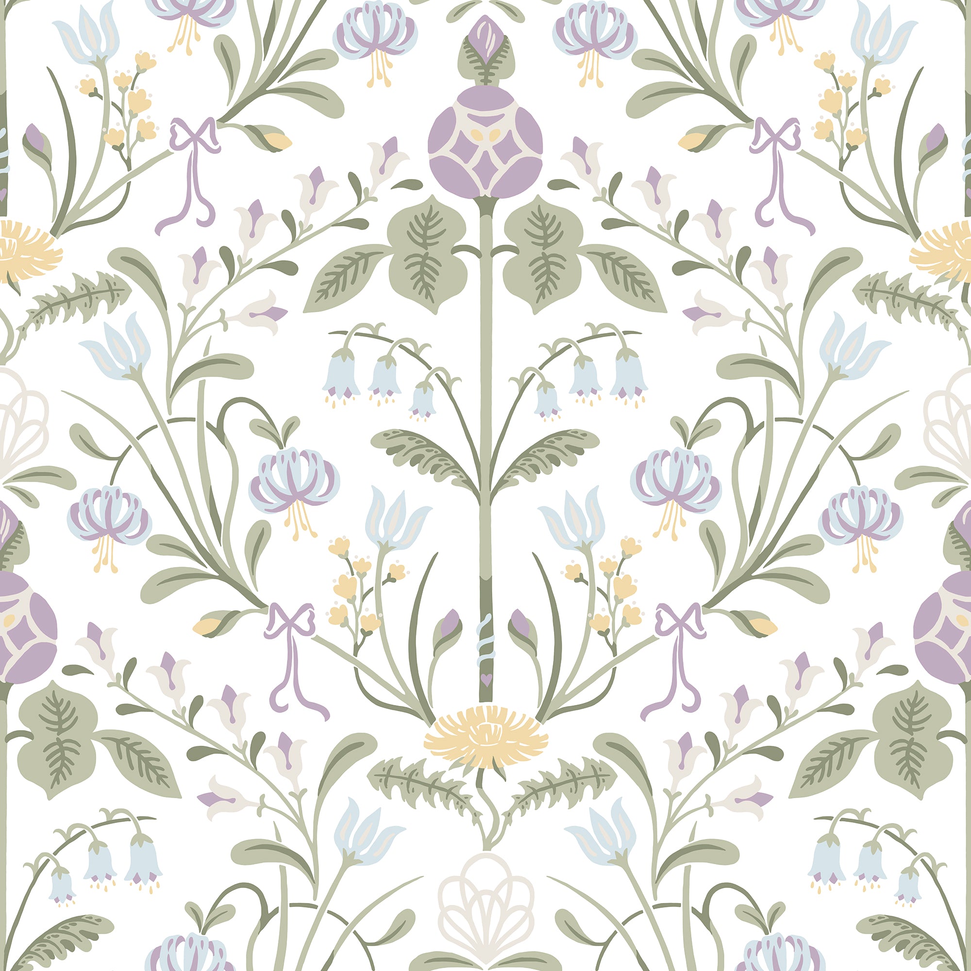 Till Carl wallpaper by Sandberg, lilac and sage folk floral on white, flat swatch colourway