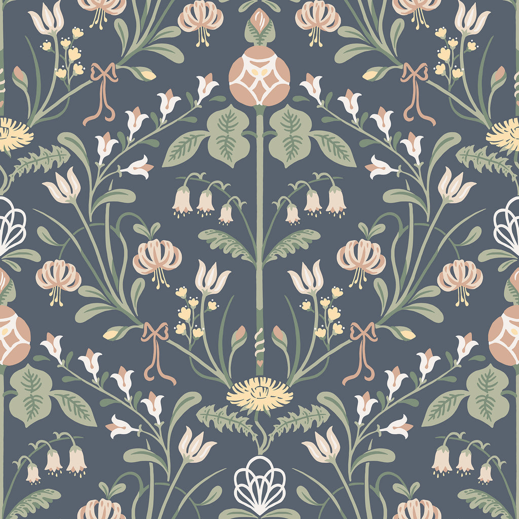 Till Carl wallpaper by Sandberg, symmetrical folk floral with dandelions and bellflowers on navy, flat swatch