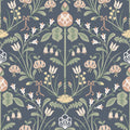 Till Carl wallpaper by Sandberg, symmetrical folk floral with dandelions and bellflowers on navy, flat swatch