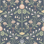 Till Carl wallpaper by Sandberg, symmetrical folk floral with dandelions and bellflowers on navy, flat swatch