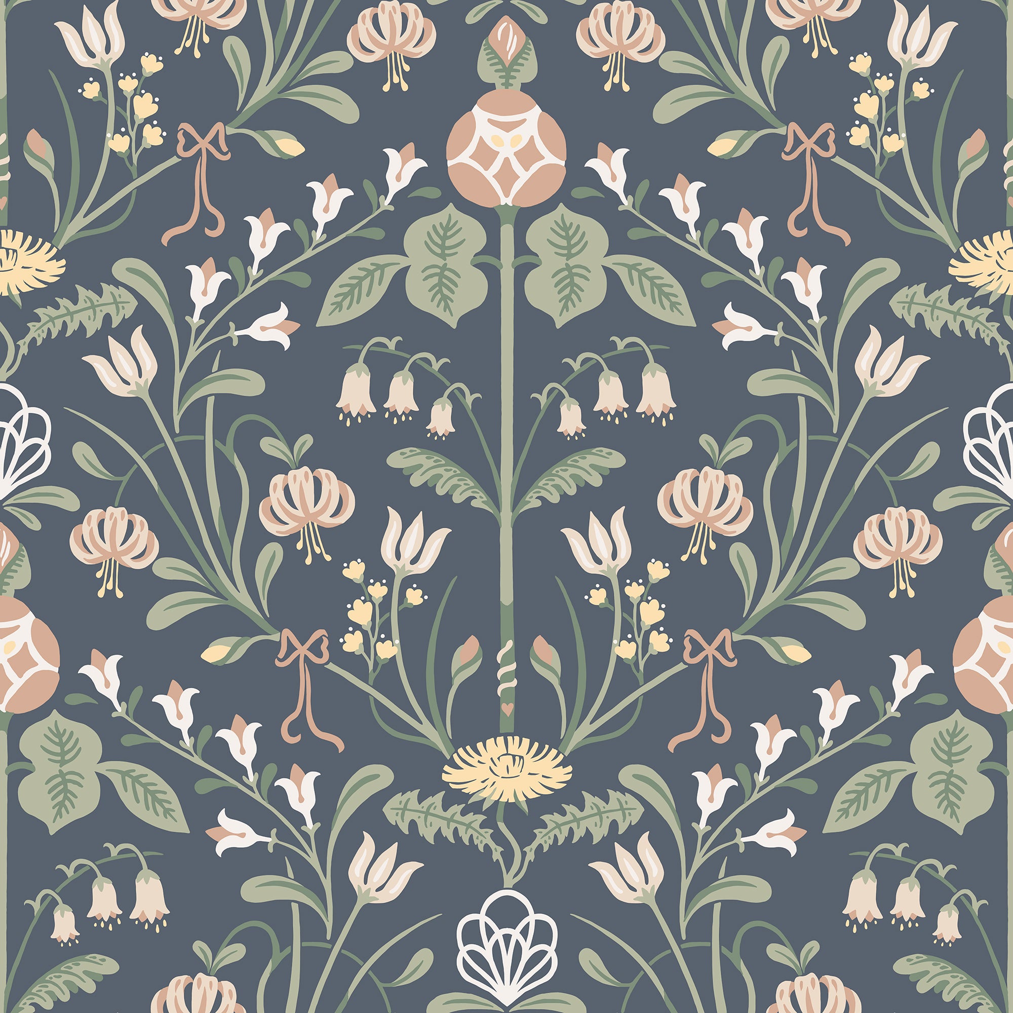 Till Carl wallpaper by Sandberg, symmetrical folk floral with dandelions and bellflowers on navy, flat swatch