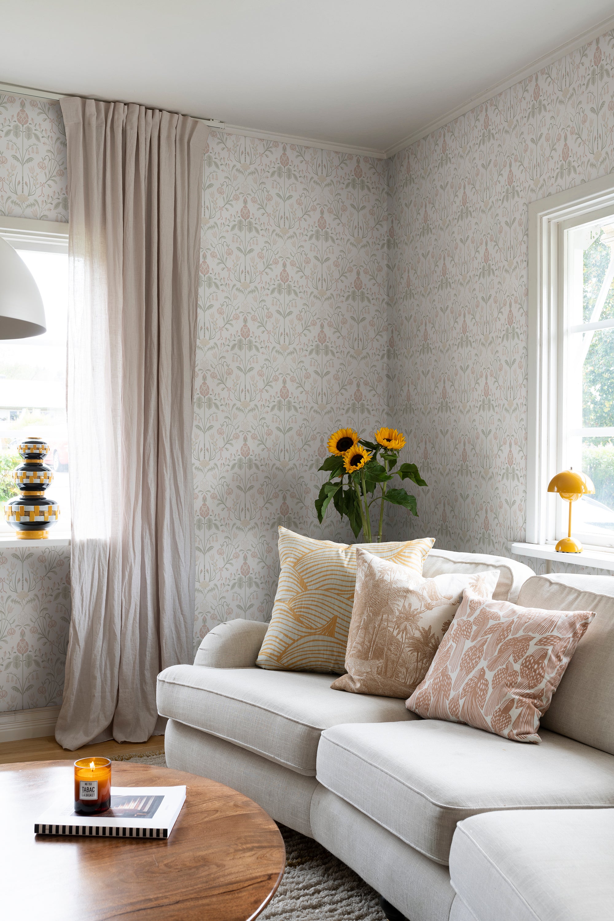 Till Carl wallpaper by Sandberg in Powder Pink, styled on an interior wall
