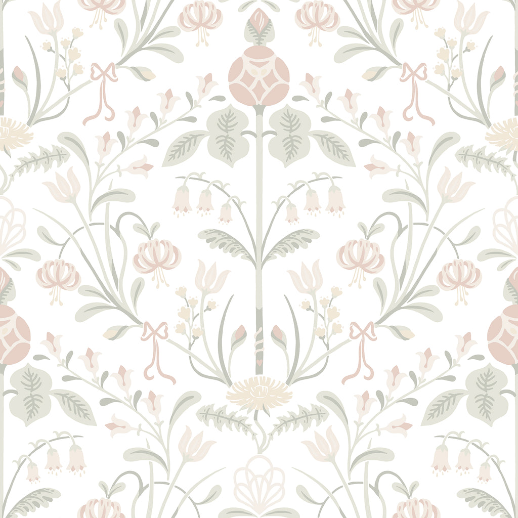 Till Carl wallpaper by Sandberg, soft blush and sage folk floral on white, flat swatch colourway
