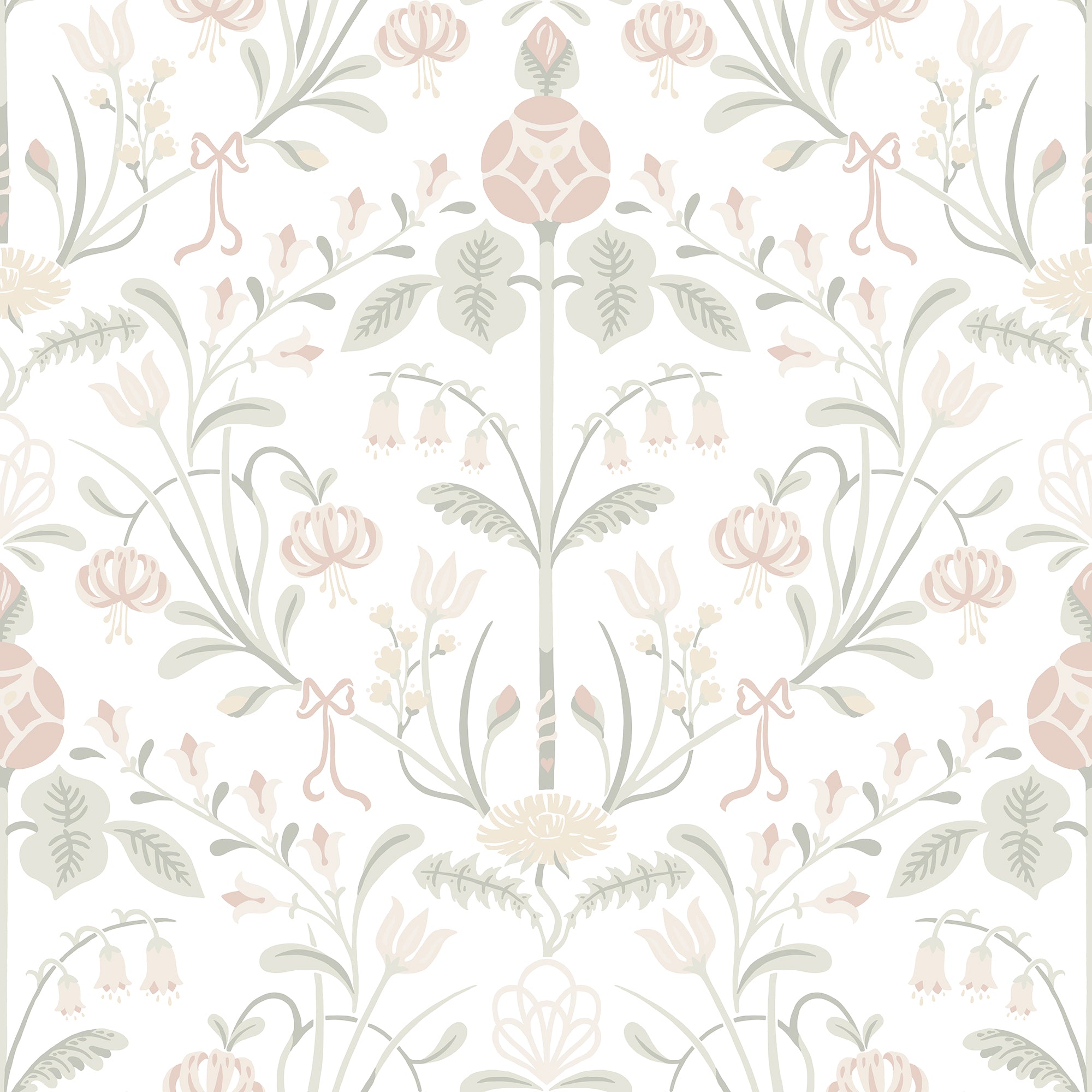Till Carl wallpaper by Sandberg, soft blush and sage folk floral on white, flat swatch colourway