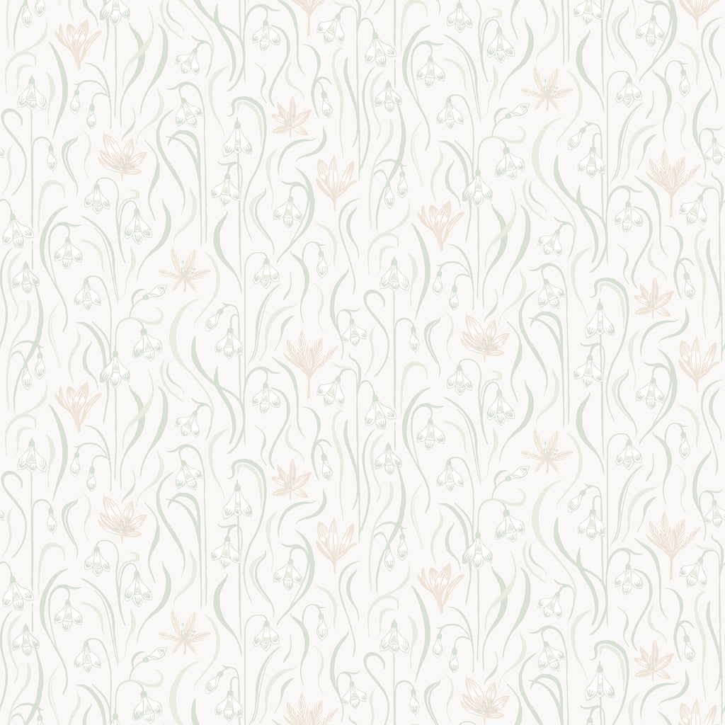 Signe wallpaper by Sandberg, flat swatch of delicate snowdrops and crocuses in pale sage and blush on a soft cream background