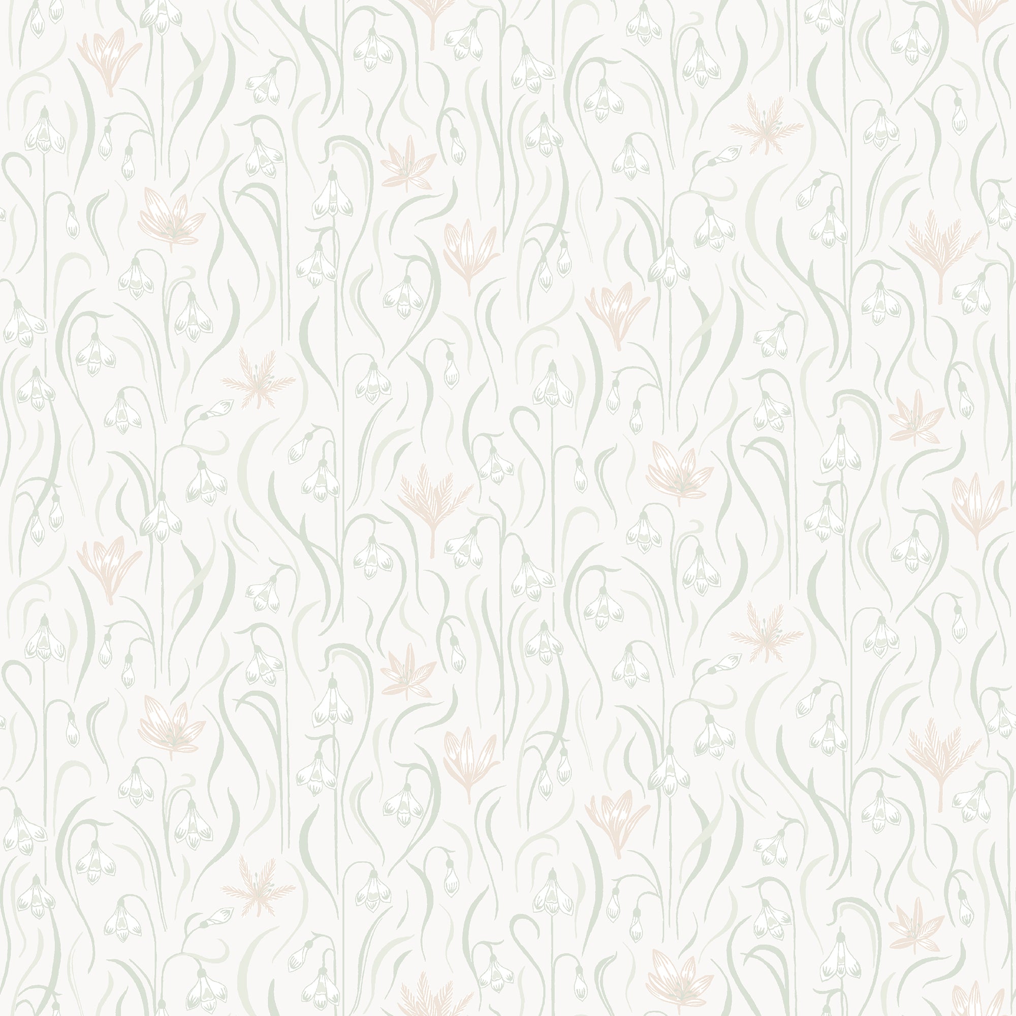 Signe wallpaper by Sandberg, flat swatch of delicate snowdrops and crocuses in pale sage and blush on a soft cream background