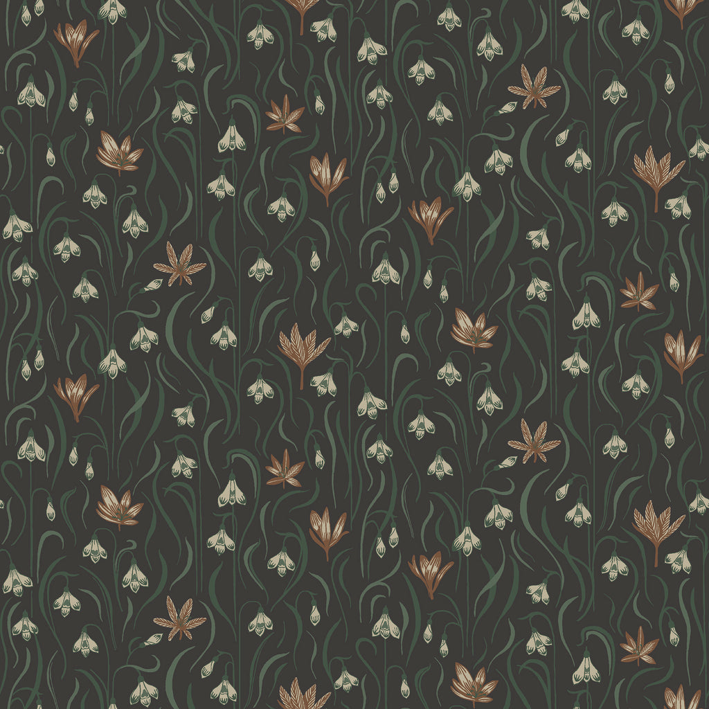 Signe wallpaper by Sandberg, flat swatch of snowdrops and copper crocuses with green grasses on a near-black charcoal ground