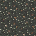 Signe wallpaper by Sandberg, flat swatch of snowdrops and copper crocuses with green grasses on a near-black charcoal ground