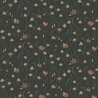 Signe wallpaper by Sandberg, flat swatch of snowdrops and copper crocuses with green grasses on a near-black charcoal ground