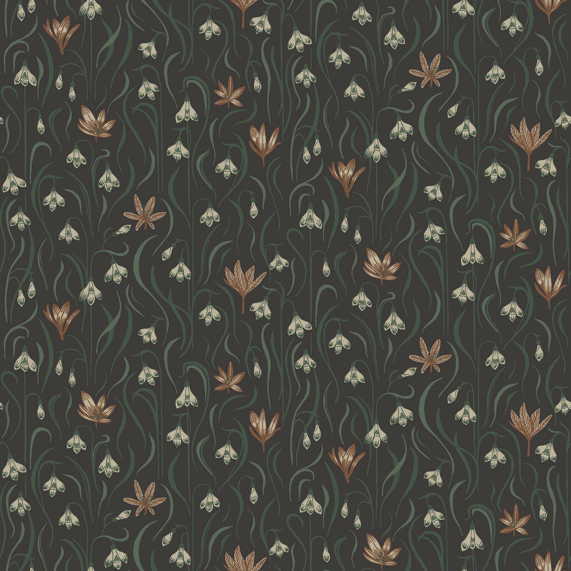 Signe wallpaper by Sandberg, flat swatch of snowdrops and copper crocuses with green grasses on a near-black charcoal ground