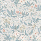 Huset i Solen wallpaper by Sandberg, flat swatch of delicate meadow flowers and ferns in soft blue and grey on a pale grey ground