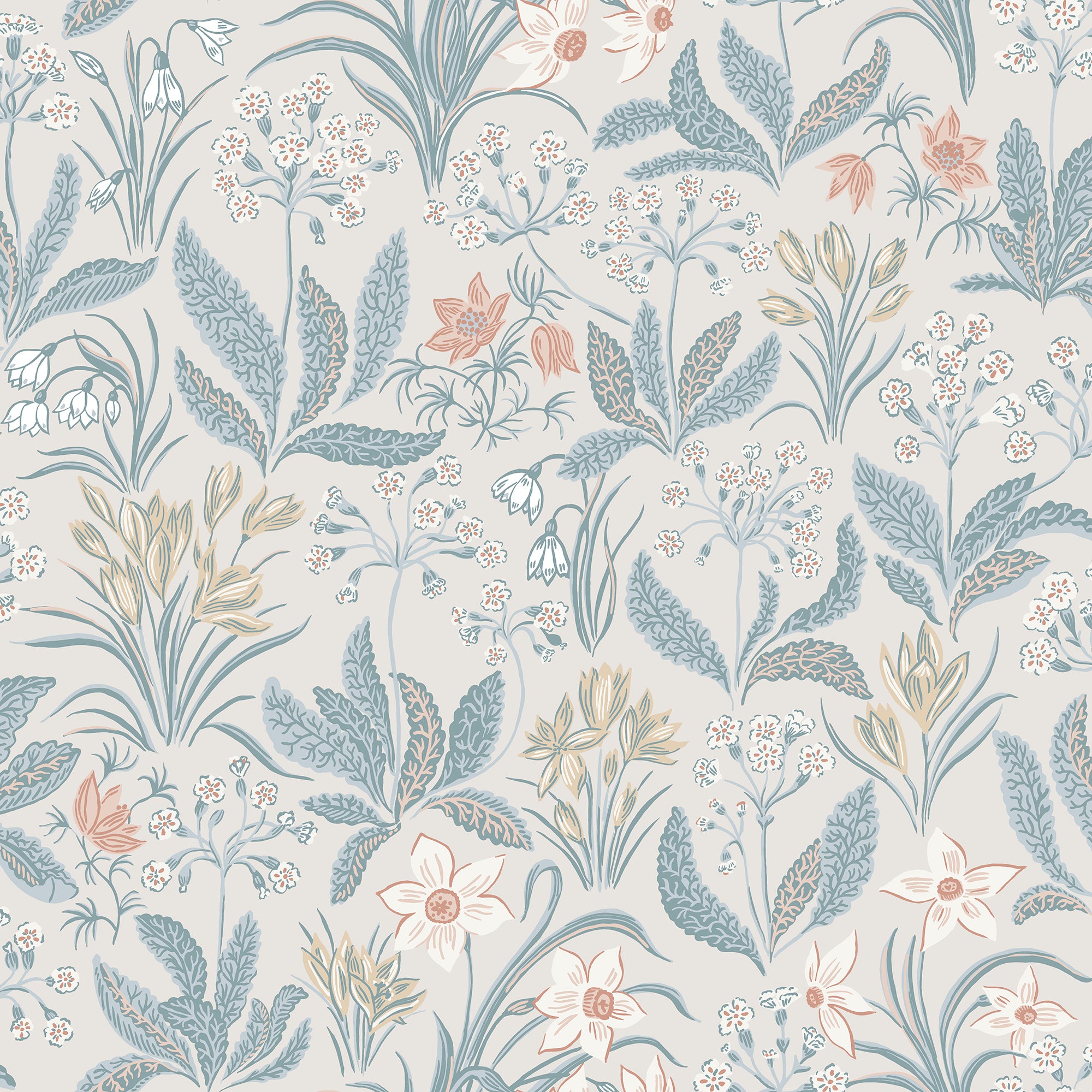 Huset i Solen wallpaper by Sandberg, flat swatch of delicate meadow flowers and ferns in soft blue and grey on a pale grey ground