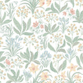 Huset i Solen wallpaper by Sandberg, flat swatch of spring flowers and foliage in fresh green and yellow on a white ground