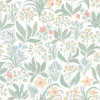 Huset i Solen wallpaper by Sandberg, flat swatch of spring flowers and foliage in fresh green and yellow on a white ground