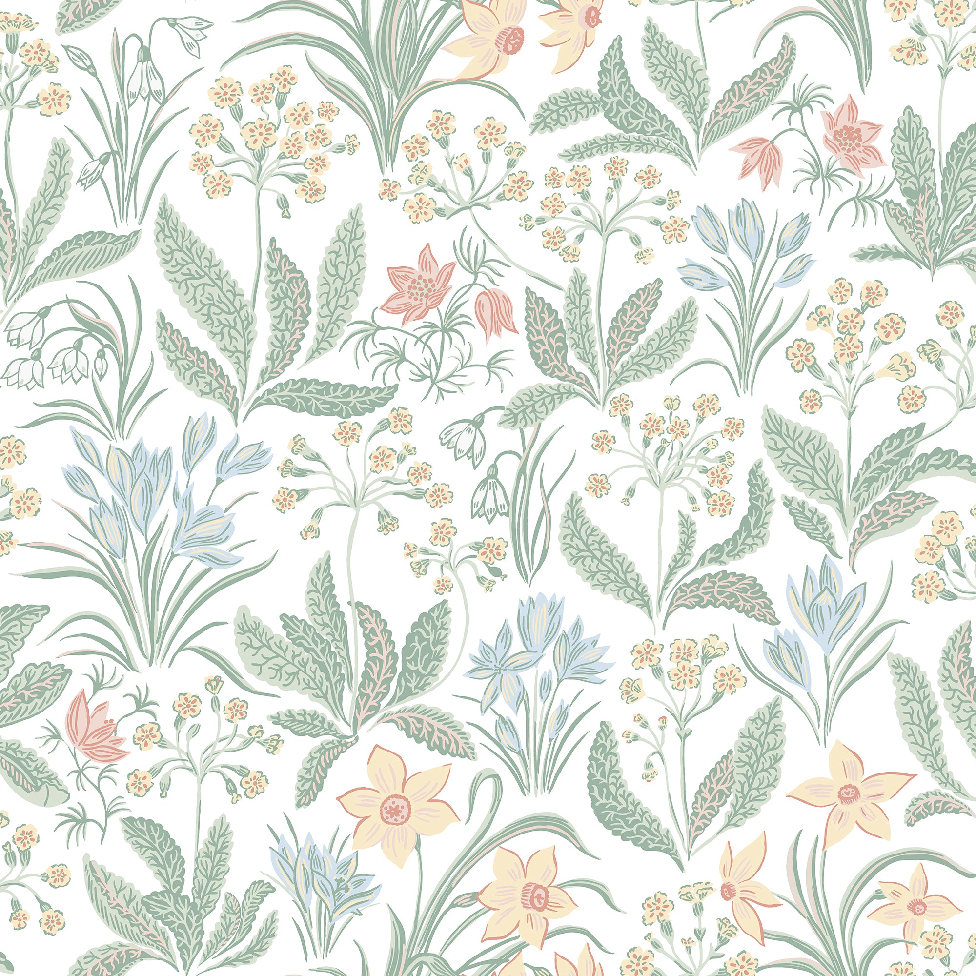 Huset i Solen wallpaper by Sandberg, flat swatch of spring flowers and foliage in fresh green and yellow on a white ground