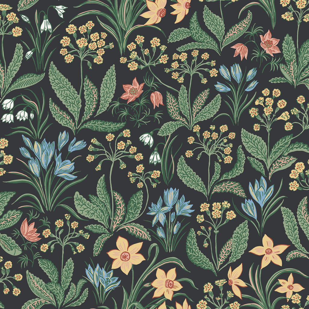 Huset i Solen wallpaper by Sandberg, flat swatch of a spring meadow of crocus, daffodils and snowdrops in green and gold on near-black