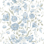 Karins Bukett wallpaper by Sandberg in soft blue and sage, lilies and tulips on white, flat swatch