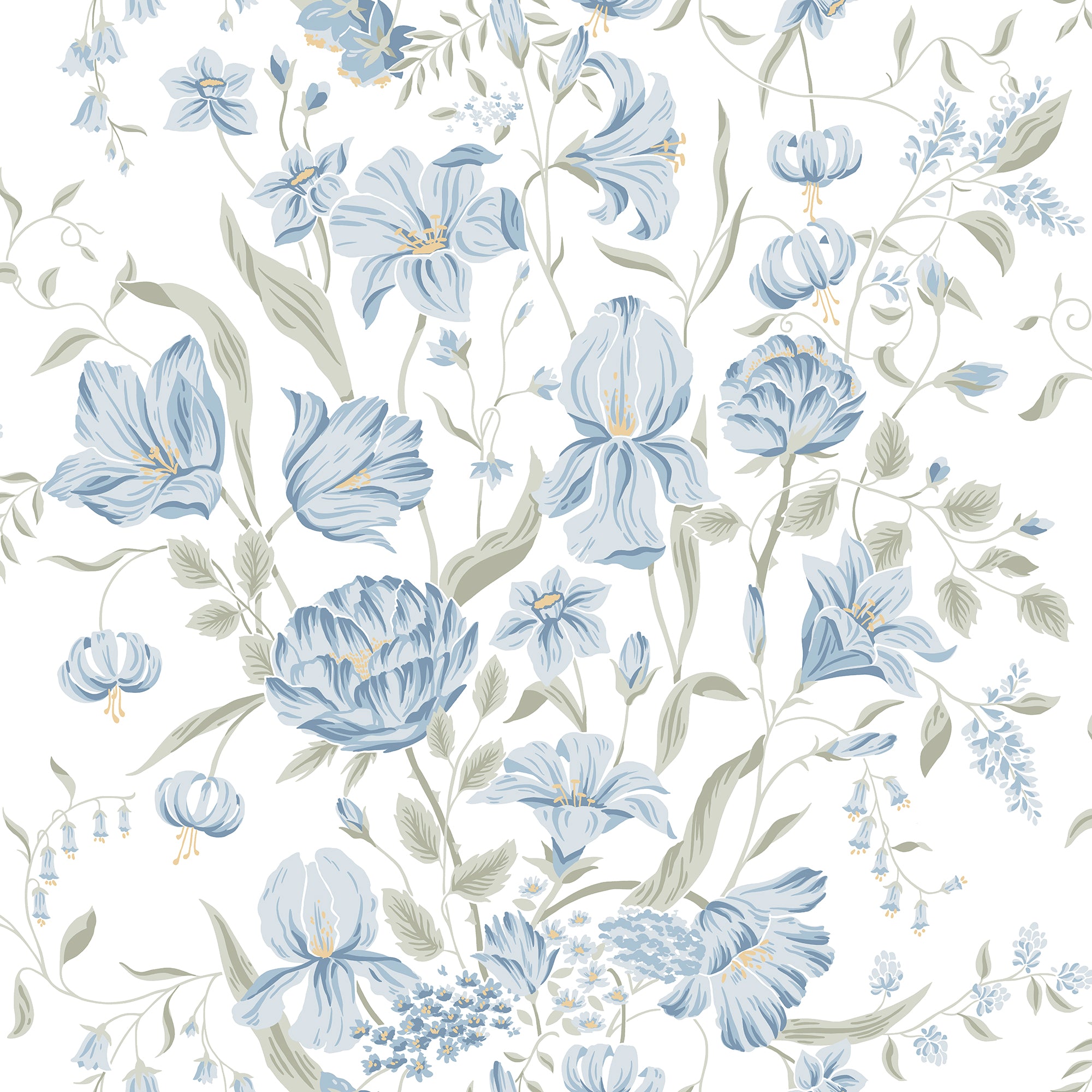 Karins Bukett wallpaper by Sandberg in soft blue and sage, lilies and tulips on white, flat swatch