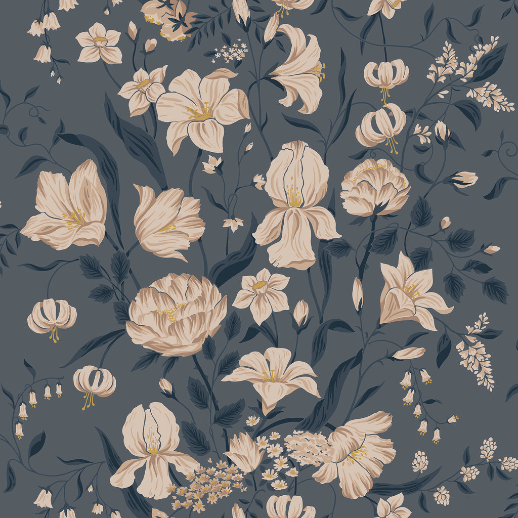 Karins Bukett wallpaper by Sandberg, lilies and tulips in cream and gold on a deep slate blue ground, flat swatch